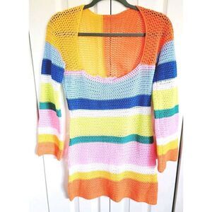 Rainbow Striped M Crochet Short Dress Size M Swimsuit Cover Reversible Bright LS